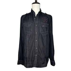 Affliction | Men | Black Sheer Skull Embroidered LS Button Up Shirt | Large